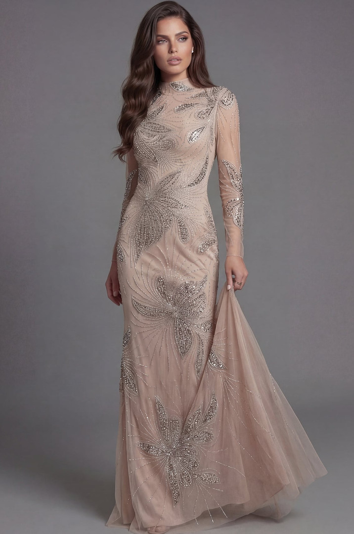 Jovani 47094 Embellished Illusion High Neck Long Sleeve Gown
