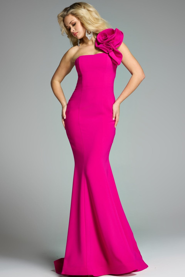 Jovani 44711 Crepe Floral One-Shoulder Flared Hem Gown