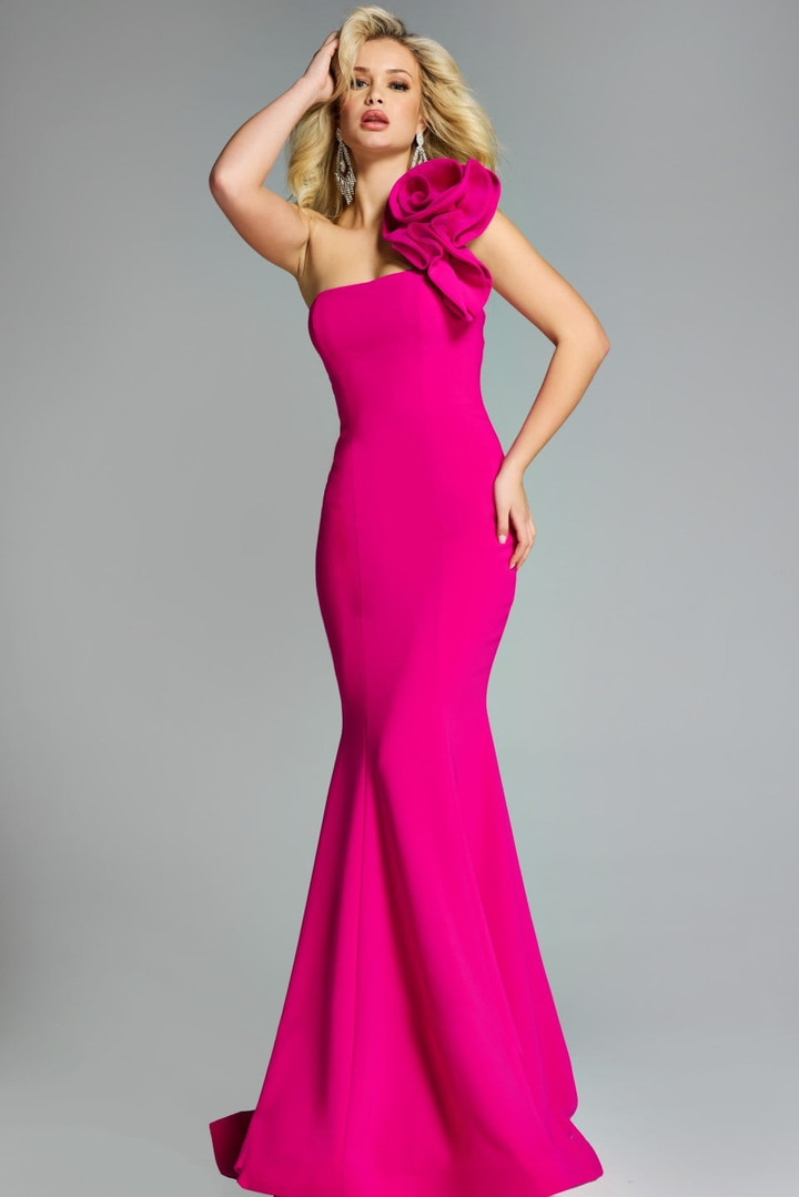 Jovani 44711 Crepe Floral One-Shoulder Flared Hem Gown