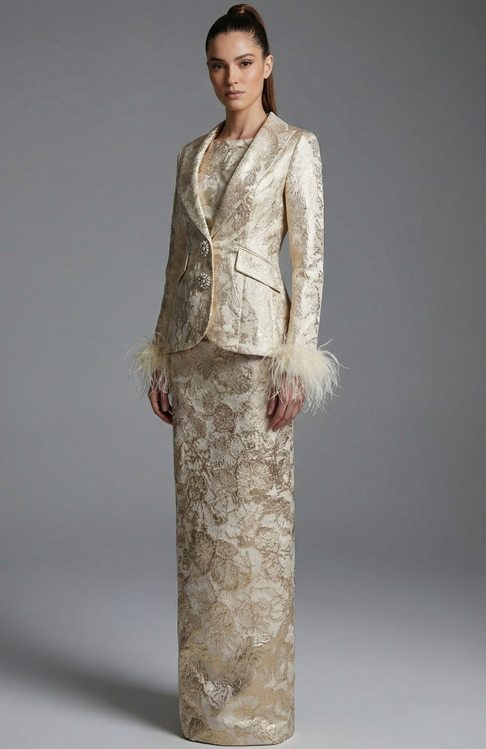 Jovani 48224 Metallic Brocade Long Sleeves Jacket Dress