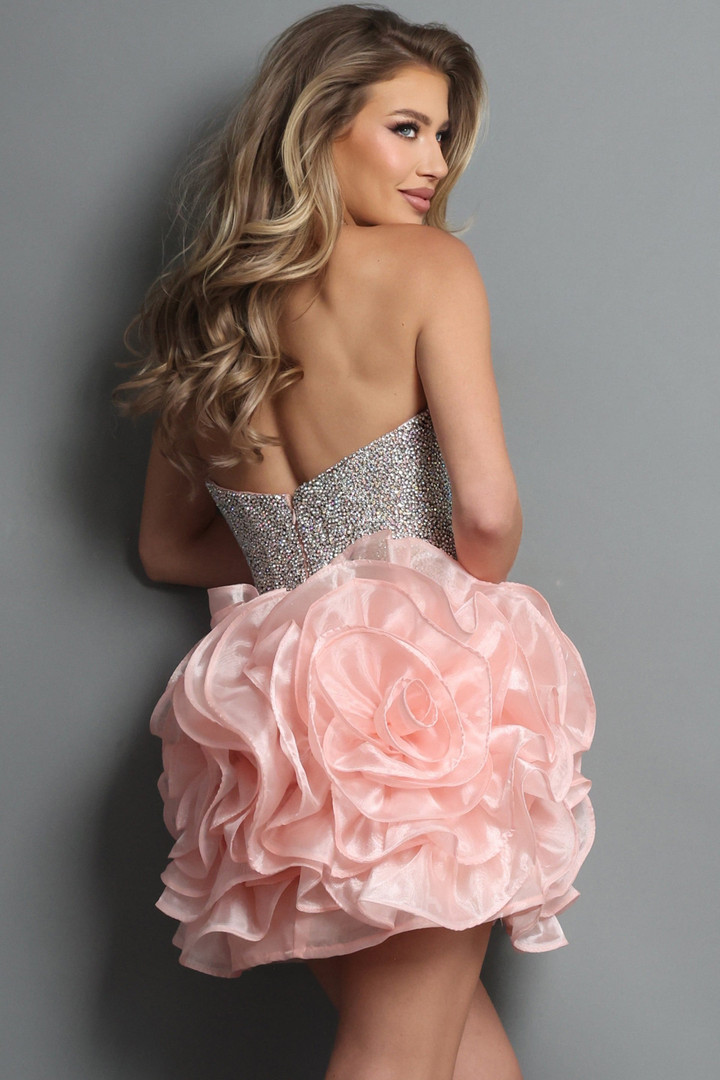Jovani 47116 Sequin Mesh Strapless Rosette Skirt Mini Dress