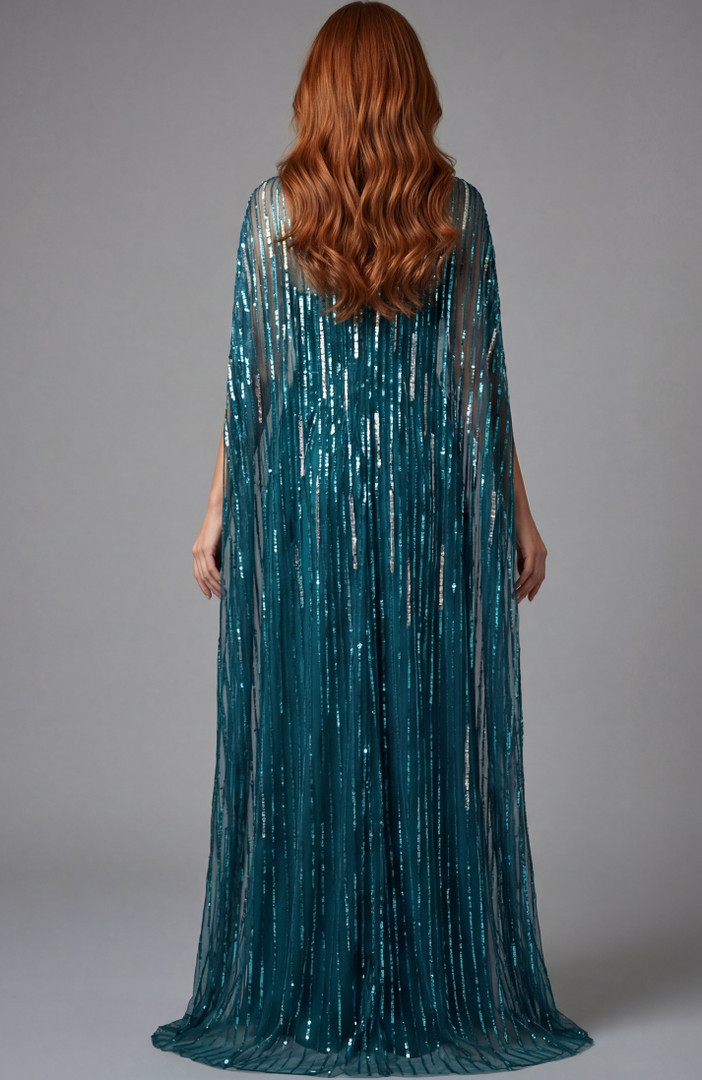Jovani 46065 Sequin Mesh Sheer Cape Overlay Sleeves Gown