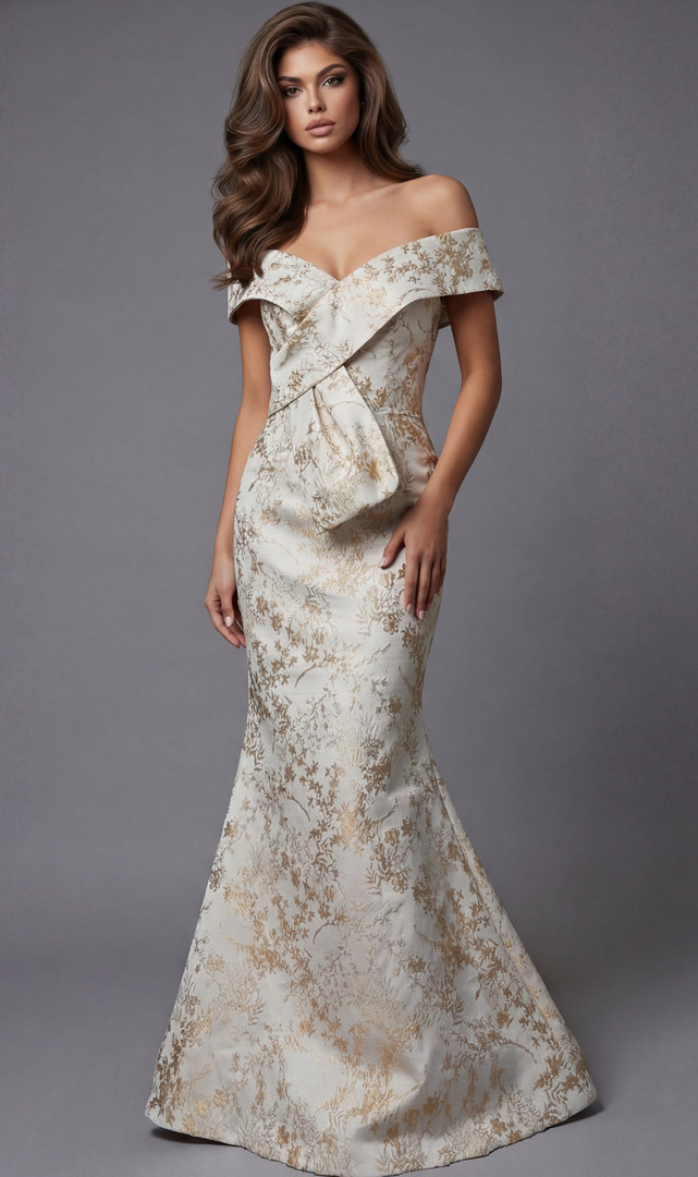 Jovani 47392 Brocade Off Shoulder Sleeves Sculpted Gown