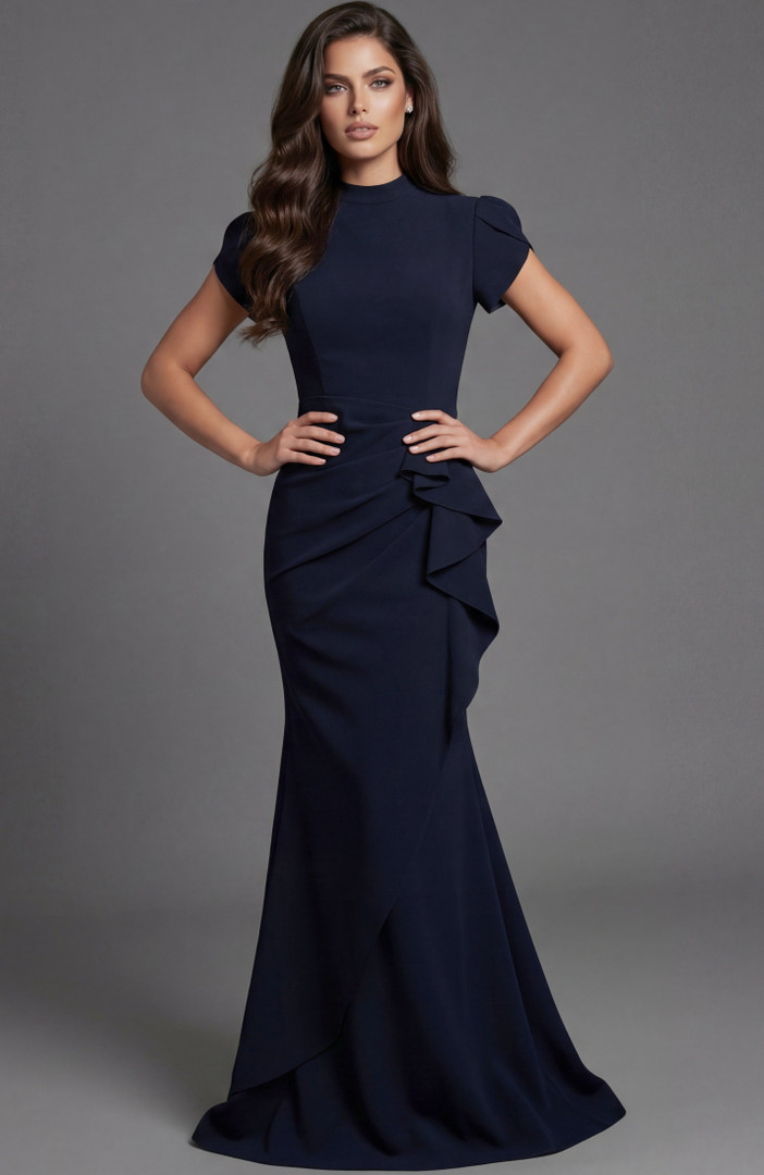 Jovani 46520 Crepe Side Ruffle High Neck Cap Sleeve Gown