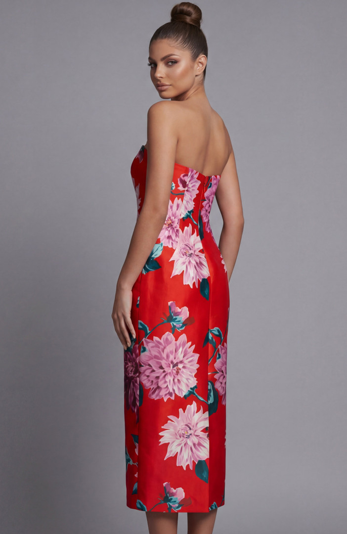 Jovani 46564 Printed Satin Floral Print Strapless Midi Dress
