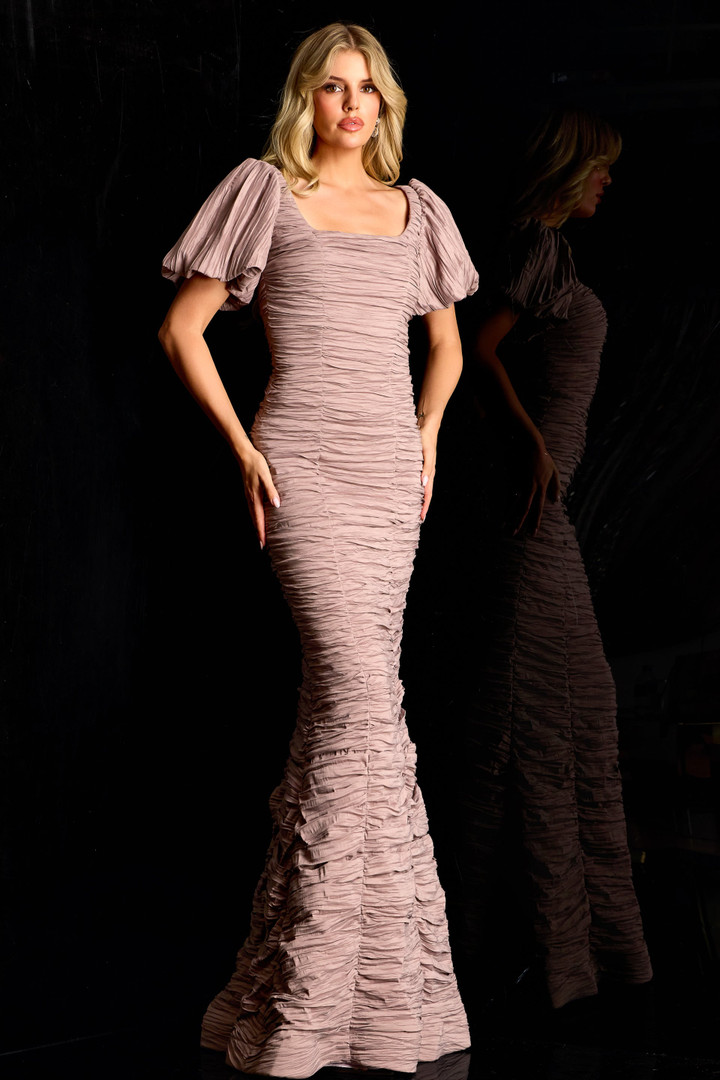 Jovani 48057 Ruched Tulle Square Neckline Puff Sleeve Gown