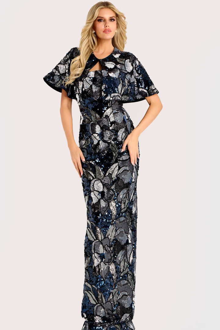 Jovani 46431 Jacquard Floral Pattern Cape Overlay Gown
