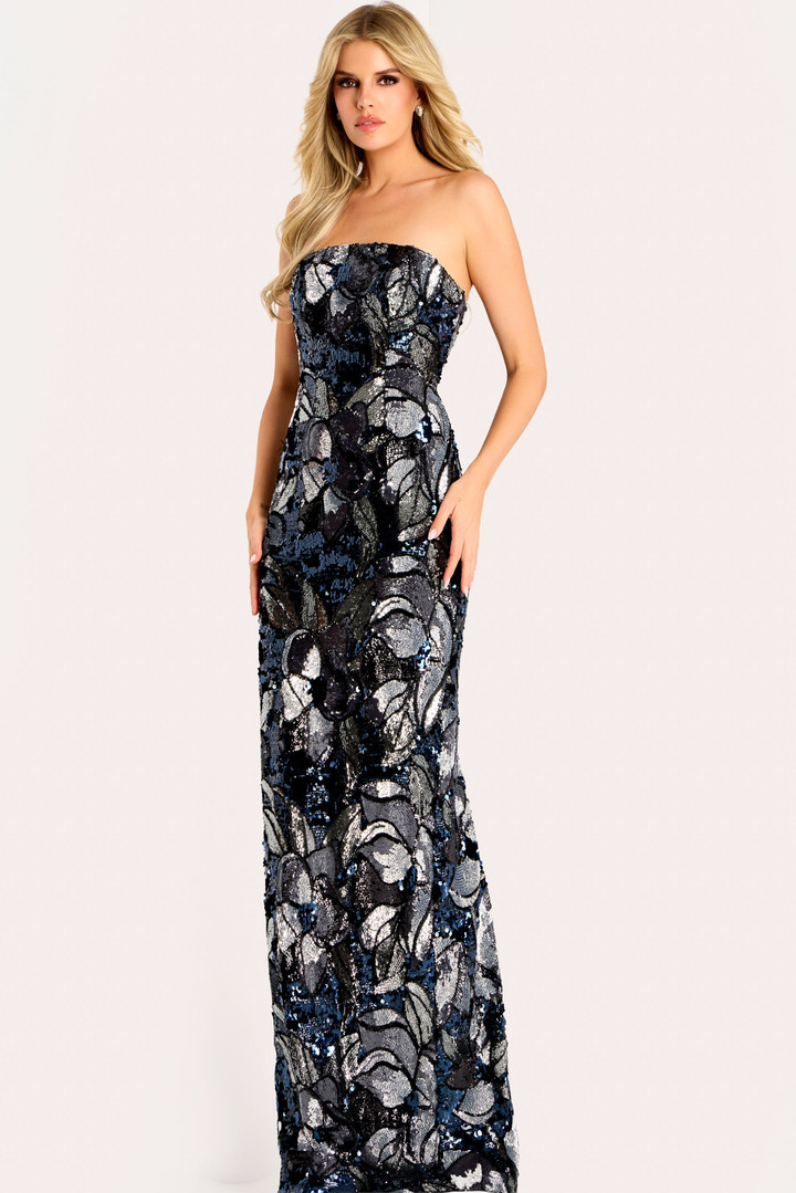 Jovani 46431 Jacquard Floral Pattern Cape Overlay Gown