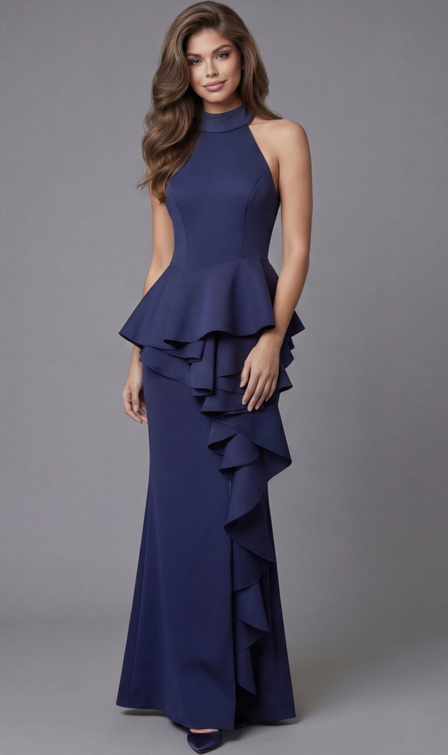 Jovani 37089 Scuba Side Tiered Ruffle High Halter Neck Gown