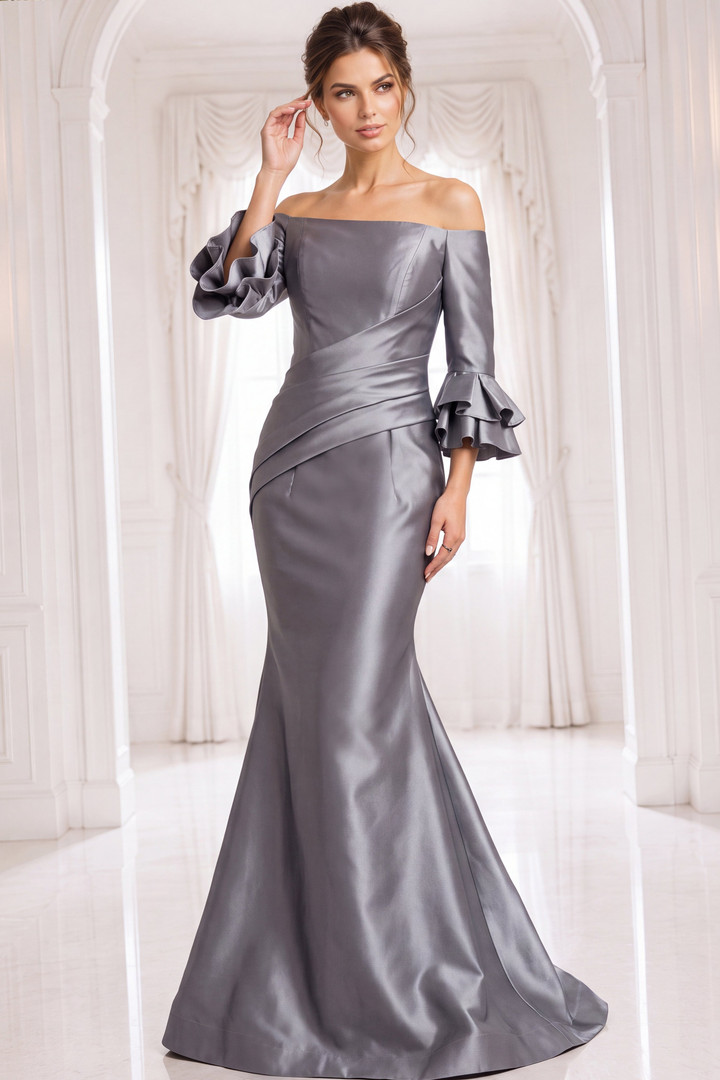 Jovani 41190 Satin Off Shoulder Ruffle Sleeves Draped Gown
