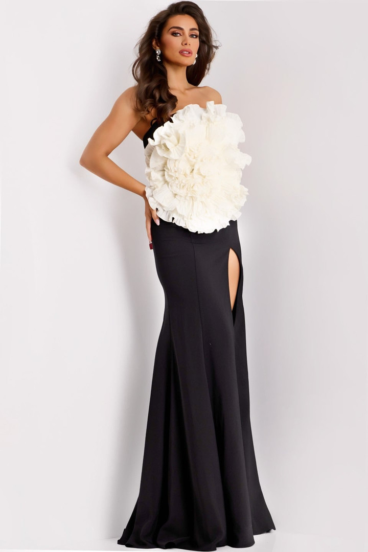 Jovani 45450 Stretch Crepe Dramatic 3D Floral Strapless Gown