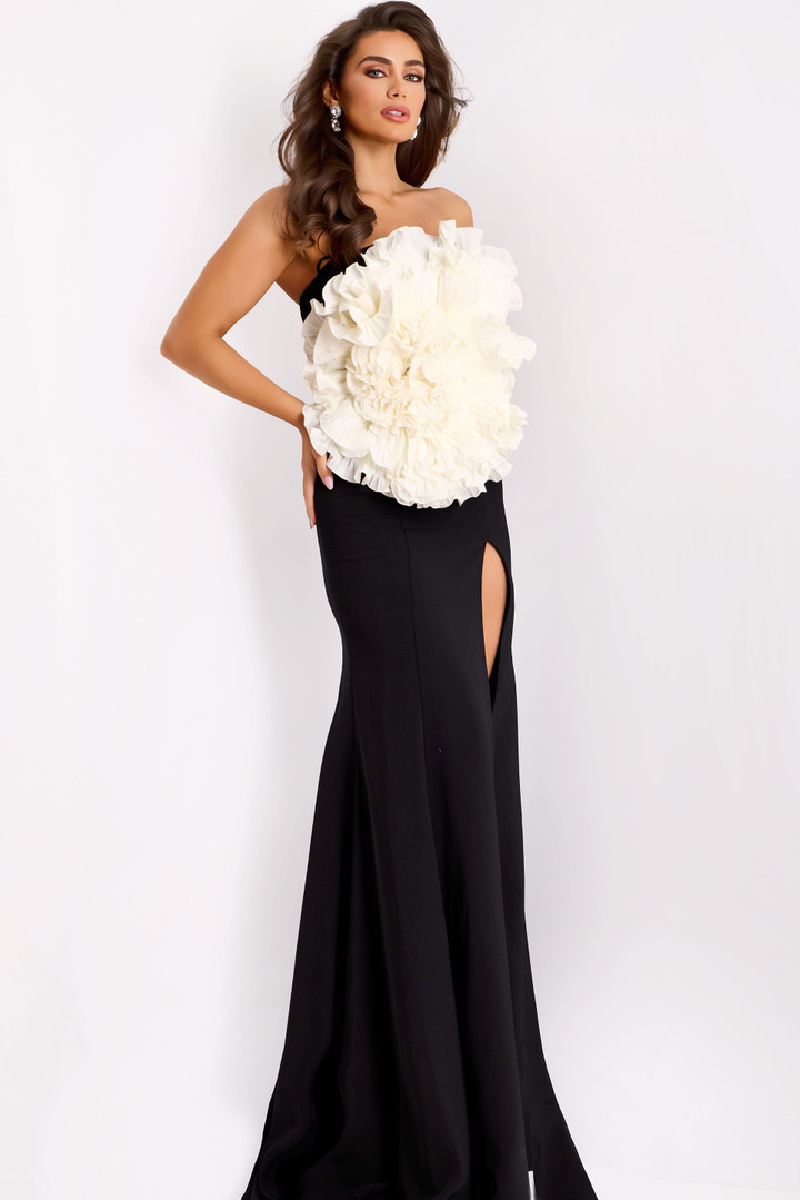 Jovani 45450 Stretch Crepe Dramatic 3D Floral Strapless Gown