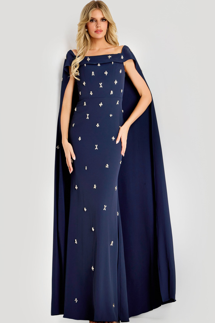 Jovani 44575 Soft Jersey Beaded Square Neck Cape Sleeve Gown