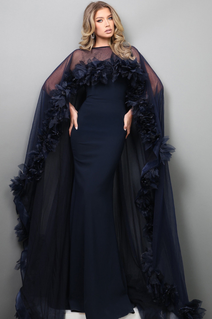Jovani 44321 3D Floral Trim Strapless Sheer Cape Long Gown