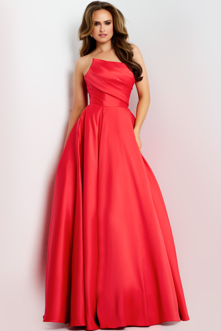 Jovani 44533 Satin Asymmetric Neck Strapless Ball Gown