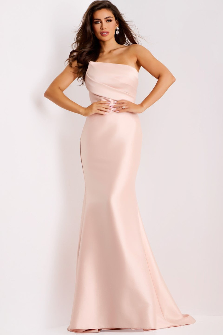 Jovani 44532 Satin Asymmetric Neck Strapless Fitted Gown
