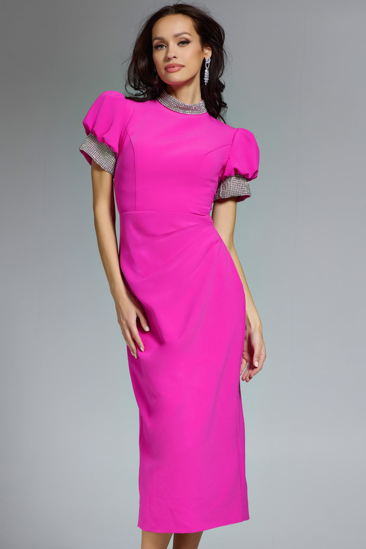 Jovani 43773 Crepe Embellished Trim Puff Sleeve Midi Dress