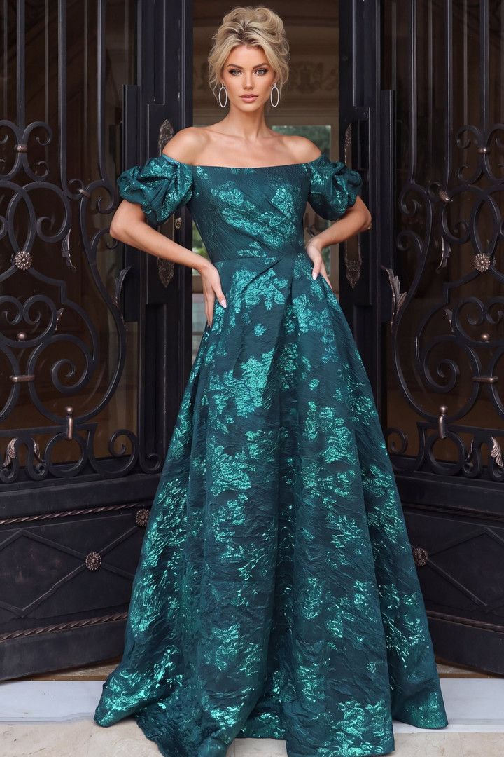 Jovani 40781 Metallic Jacquard Off Shoulder Sleeve Gown