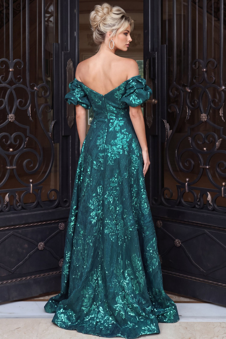 Jovani 40781 Metallic Jacquard Off Shoulder Sleeve Gown