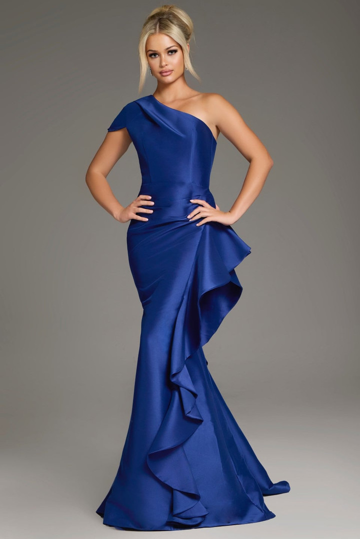 Jovani 43126 Satin Cascading Ruffle One-Shoulder Fitted Gown