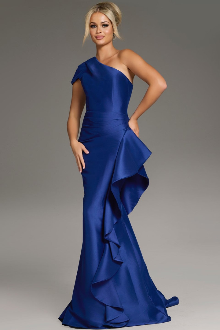 Jovani 43126 Satin Cascading Ruffle One-Shoulder Fitted Gown