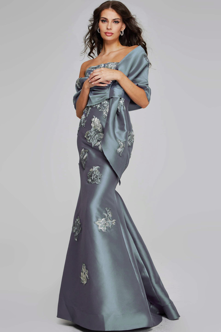 Jovani 39261 Satin Floral Embellishments Strapless Gown