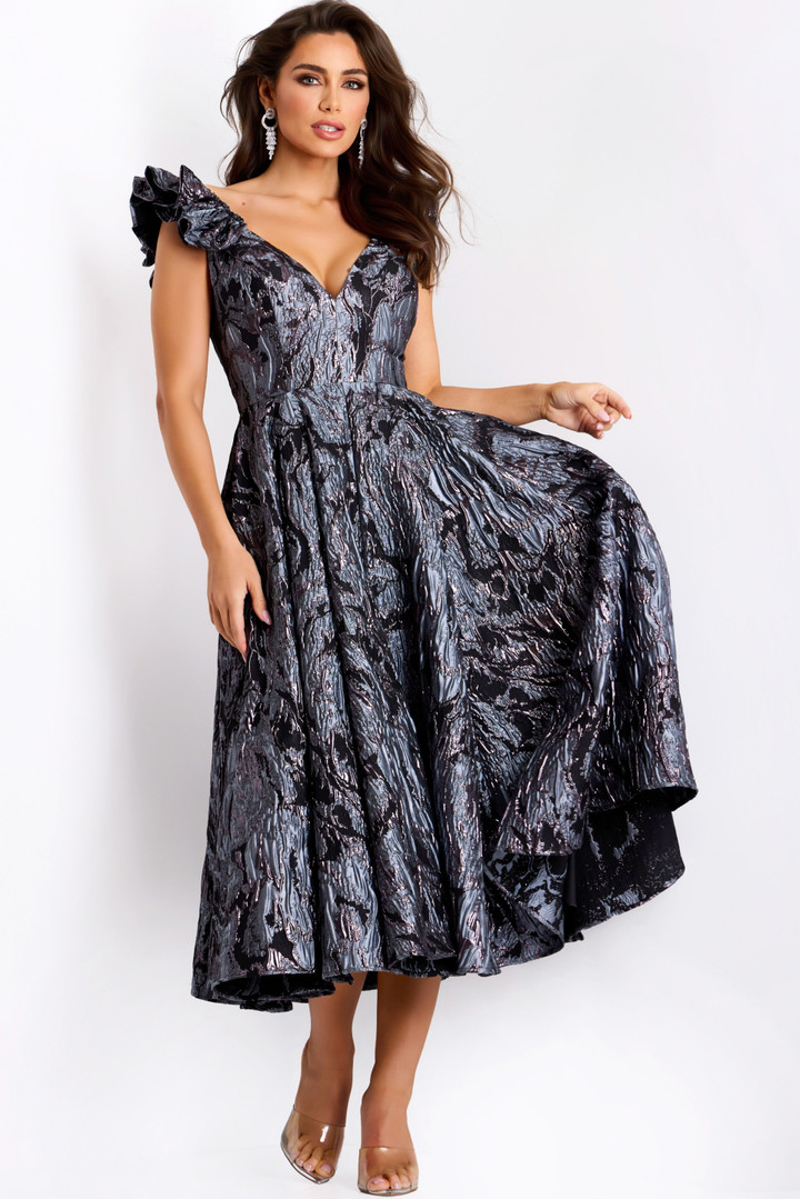 Jovani 40314 Jacquard Floral V-Neck Ruffle Sleeve Midi Dress