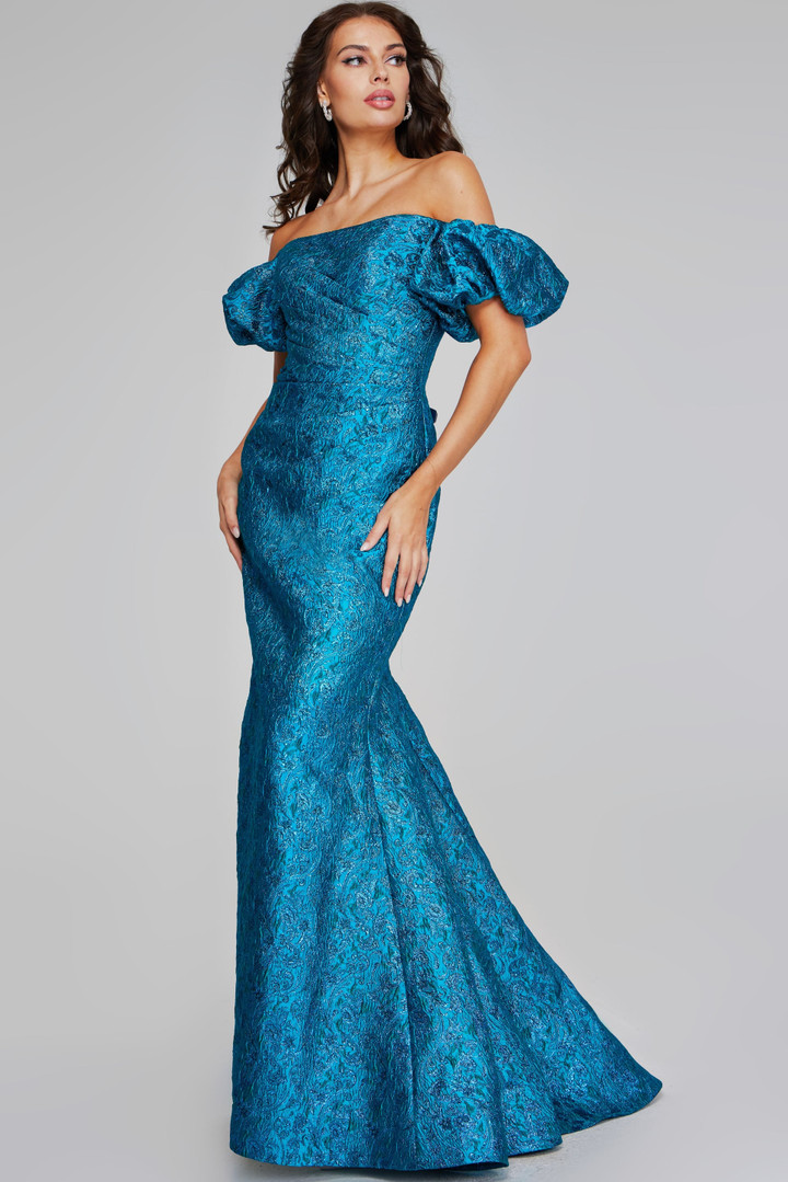Jovani 39113 Metallic Jacquard Off-Shoulder Puff Sleeve Gown
