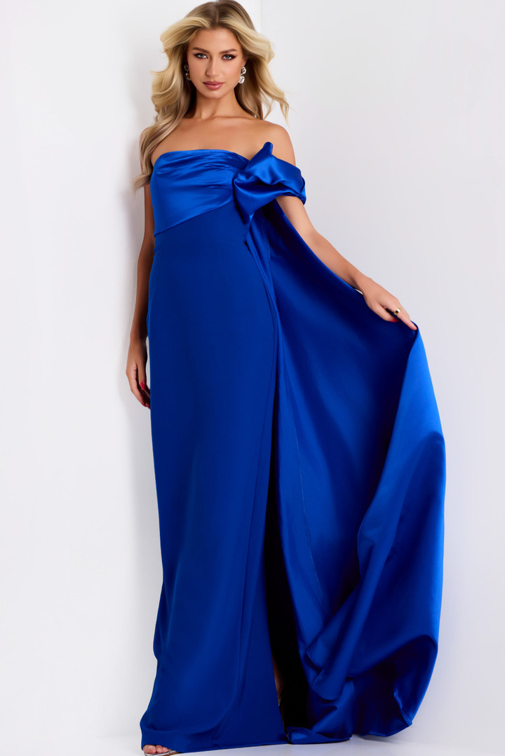 Jovani 38864 Crepe Satin Side Bow Strapless Column Gown