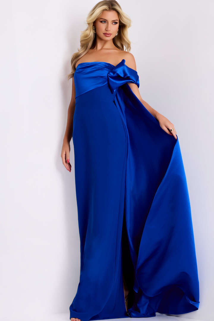 Jovani 38864 Crepe Satin Side Bow Strapless Column Gown
