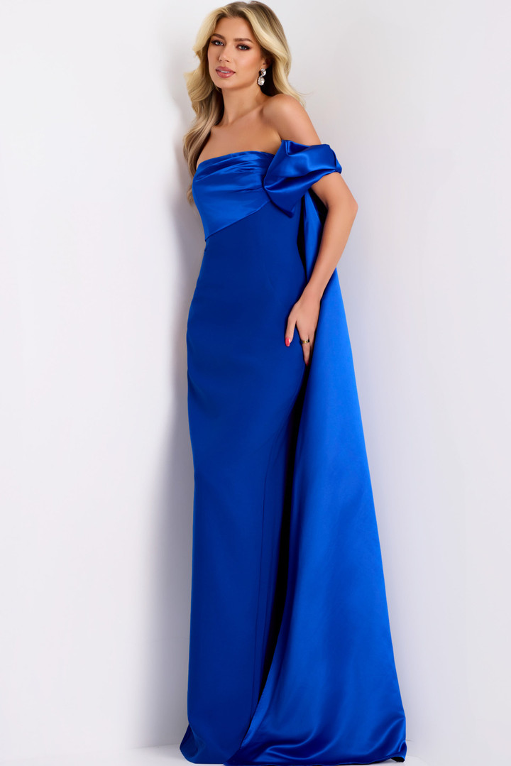 Jovani 38864 Crepe Satin Side Bow Strapless Column Gown