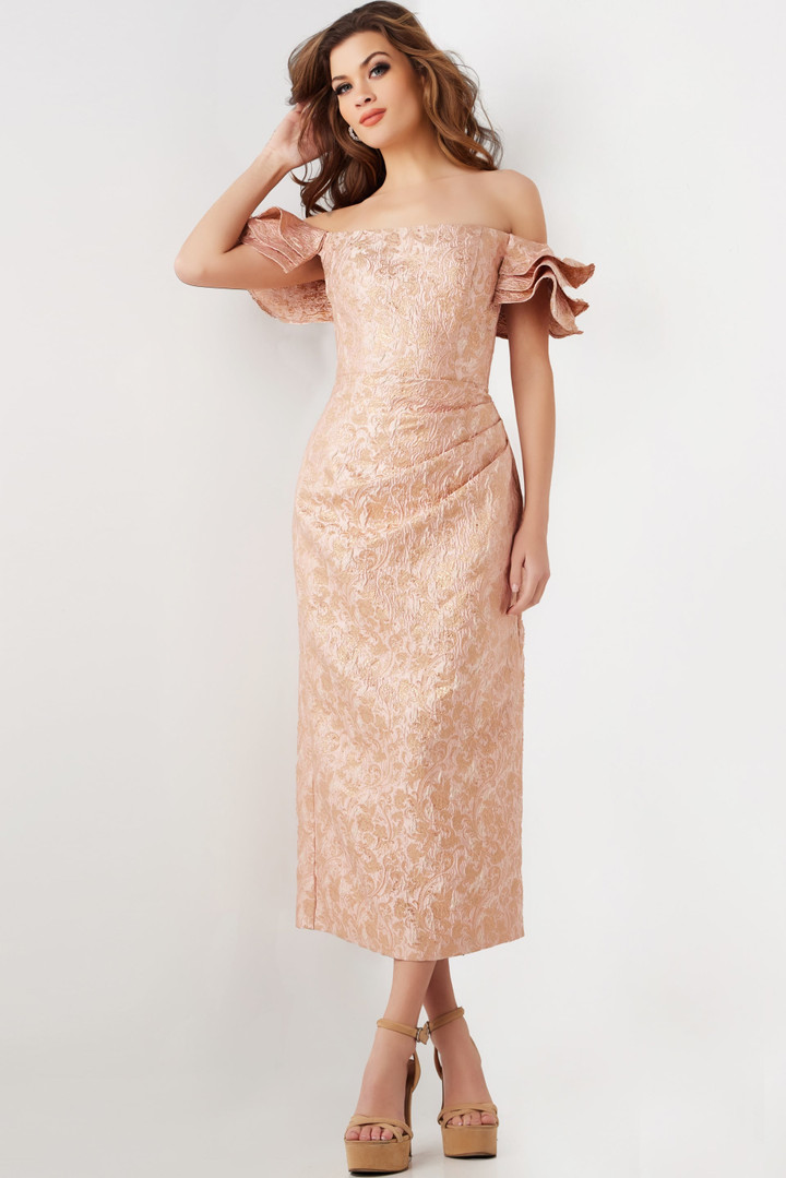 Jovani 25667 Jacquard Off Shoulder Tea Length Midi Dress