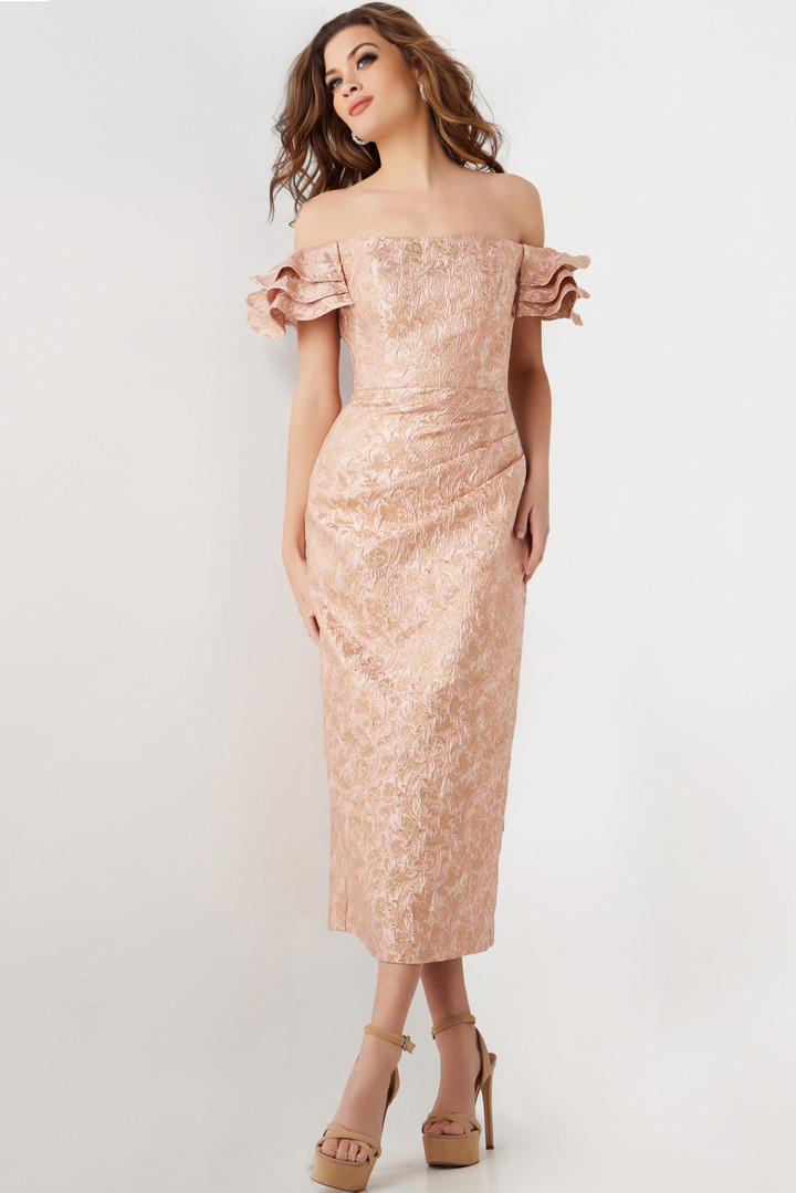 Jovani 25667 Jacquard Off Shoulder Tea Length Midi Dress