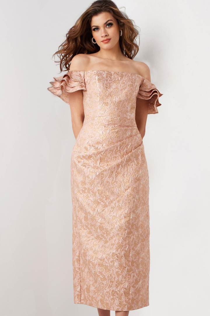 Jovani 25667 Jacquard Off Shoulder Tea Length Midi Dress
