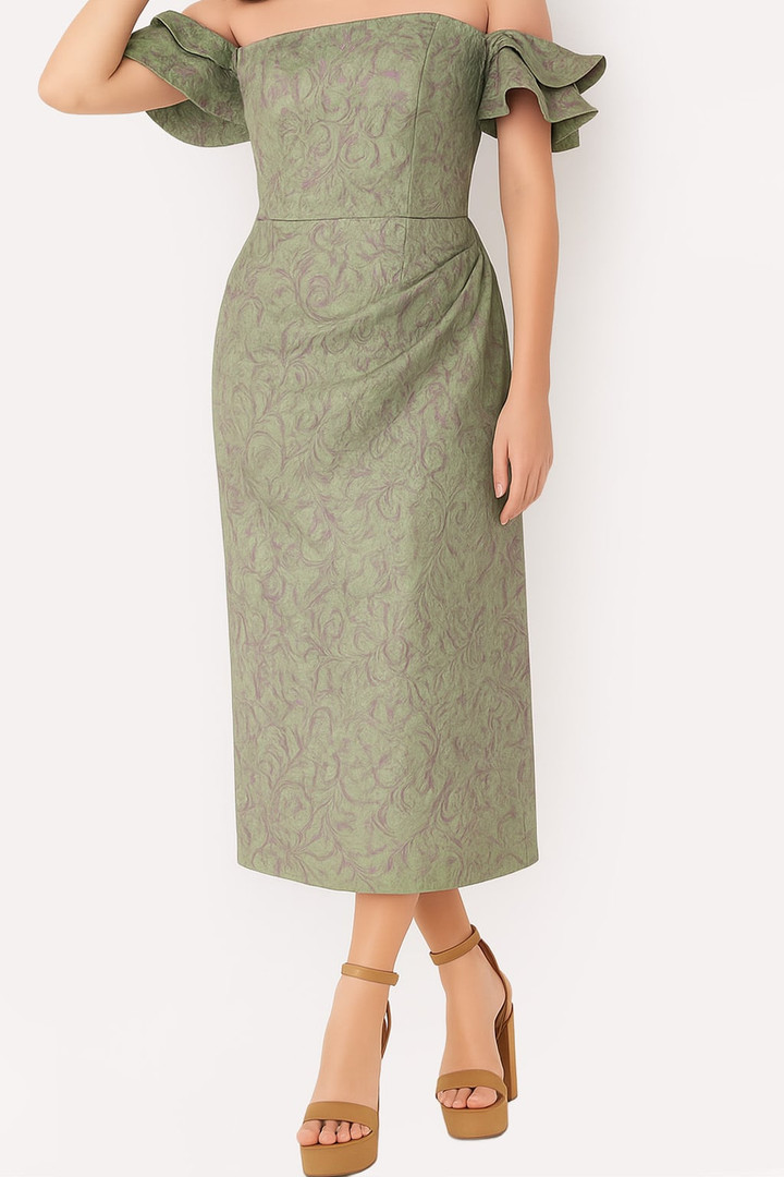 Jovani 25667 Jacquard Off Shoulder Tea Length Midi Dress
