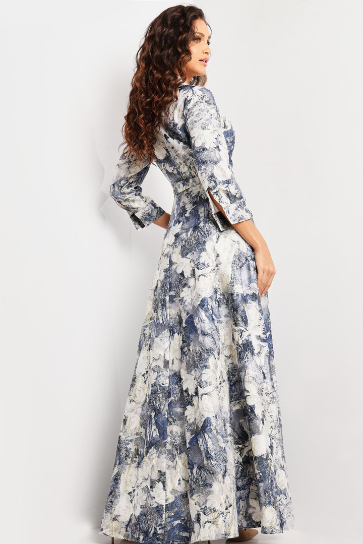 Jovani 26202 Jacquard Floral Print V-Neck Long Sleeve Gown