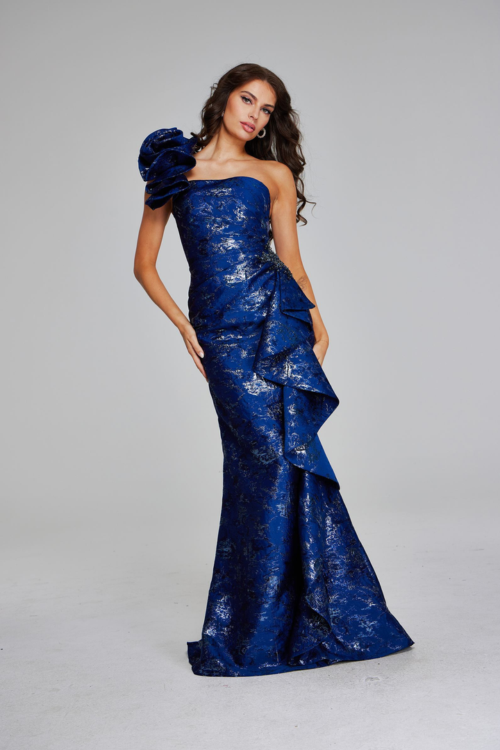 Jovani 39438 Metallic Side Ruffles One Shoulder Long Gown