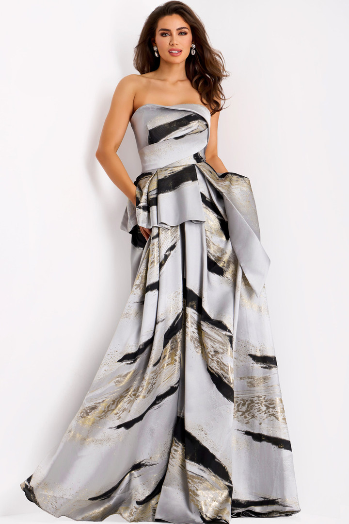 Jovani 44387 Silk Pleated Abstract Print Strapless Ball Gown