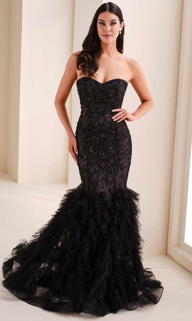 Ivonne D ID1208 Beaded Lace Layered Ruffles Strapless Dress