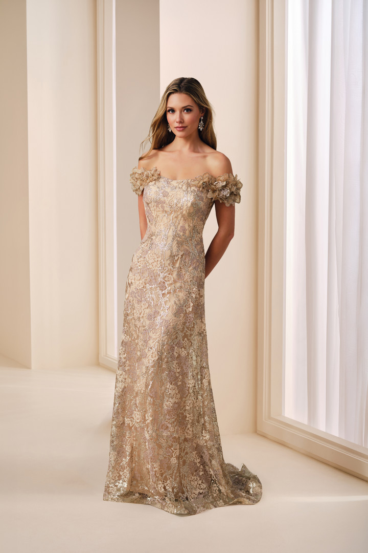 Ivonne D ID2205 Lace 3D Floral Off Shoulder Cap Sleeve Dress