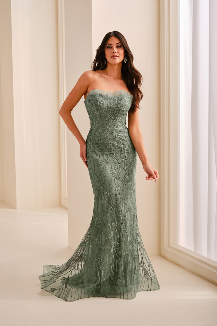 Ivonne D ID2212 Lace Floral Embroidered Strapless Dress