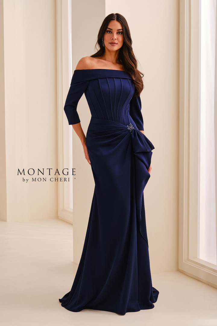 Montage by Mon Cheri M3212 Crepe Satin Off-Shoulder Gown
