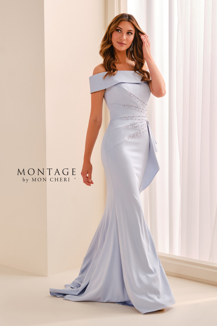 Montage by Mon Cheri M3213 Crepe Beaded Off-Shoulder Gown