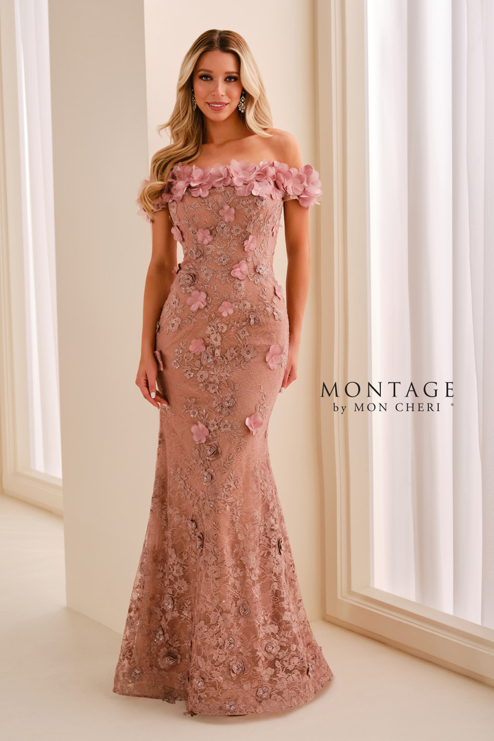 Montage by Mon Cheri M3215 Floral Beaded Off-Shoulder Gown