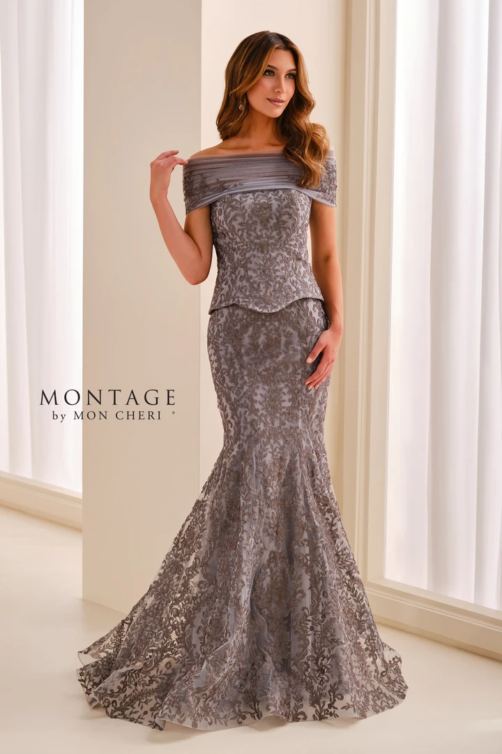 Montage by Mon Cheri M3218 Tulle Lace Off-Shoulder Silk Gown