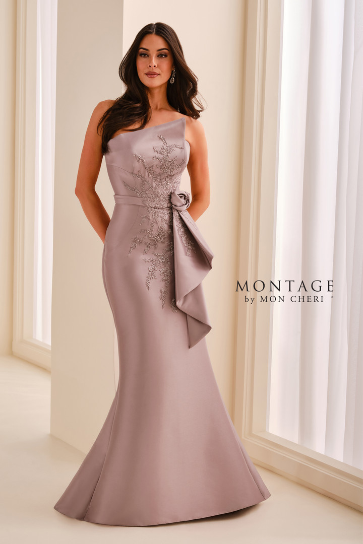 Montage by Mon Cheri M3219 Satin Beaded Strapless Long Gown