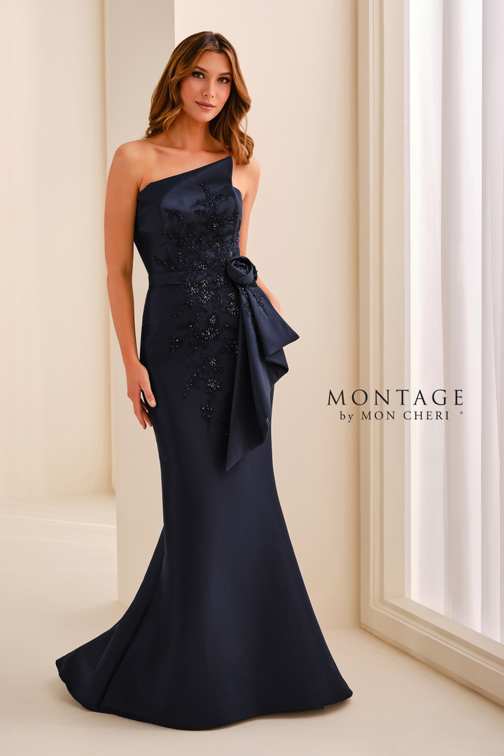 Montage by Mon Cheri M3219 Satin Beaded Strapless Long Gown