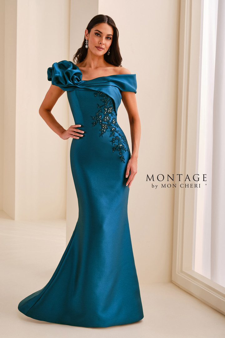 Montage by Mon Cheri M3224 Mikado Satin Off-Shoulder Gown