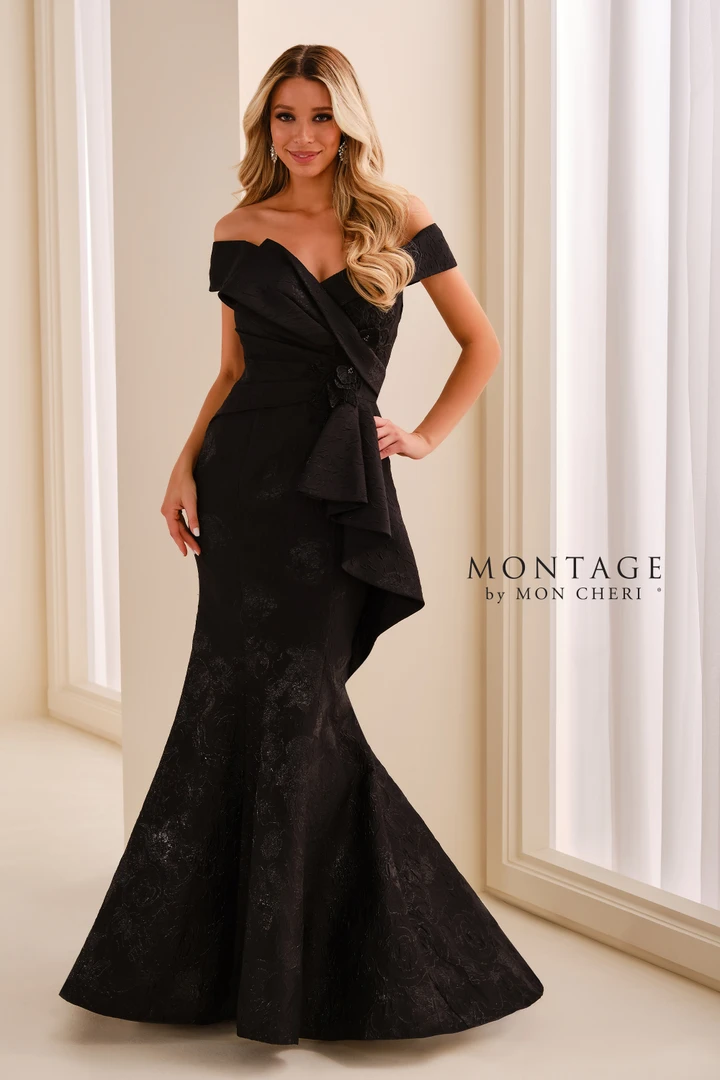 Montage by Mon Cheri M3225 Floral Satin Off-Shoulder Gown