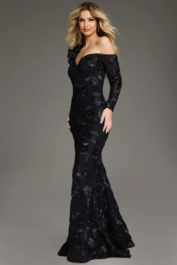 Jovani 39266 Floral Lace Off-Shoulder Long Sleeves Gown